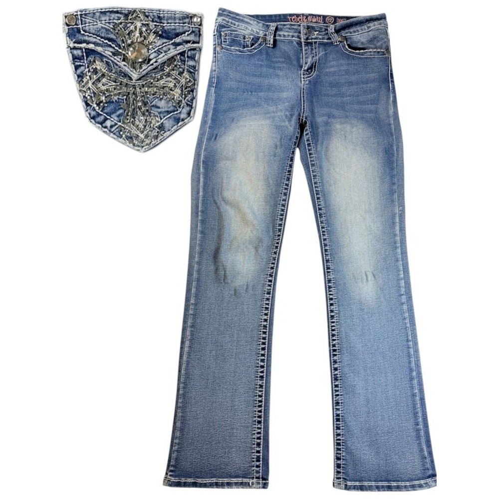 Rebel‎ & Soul Bootcut Jeans Blue Embellished Cross Pockets Bling Y2K Cowgirl 12